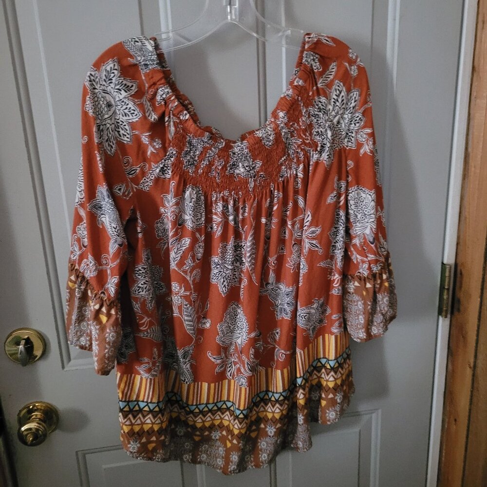 Beach Lunch Lounge Lovely Orange Print Bell Sleeved Top Misses XL